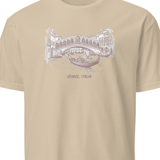 Beige t-shirt with a graphic of a bridge and gondola, labeled 'Venice, Italia', on a white background.