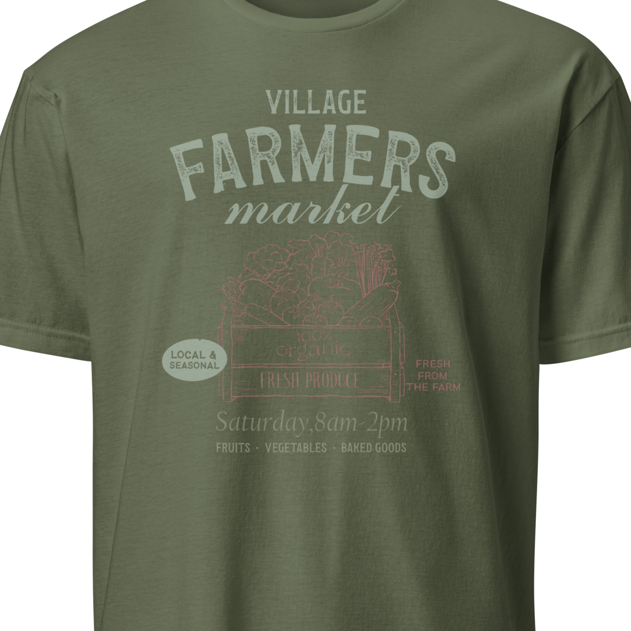 Green t-shirt with 'Village Farmers Market' graphic 