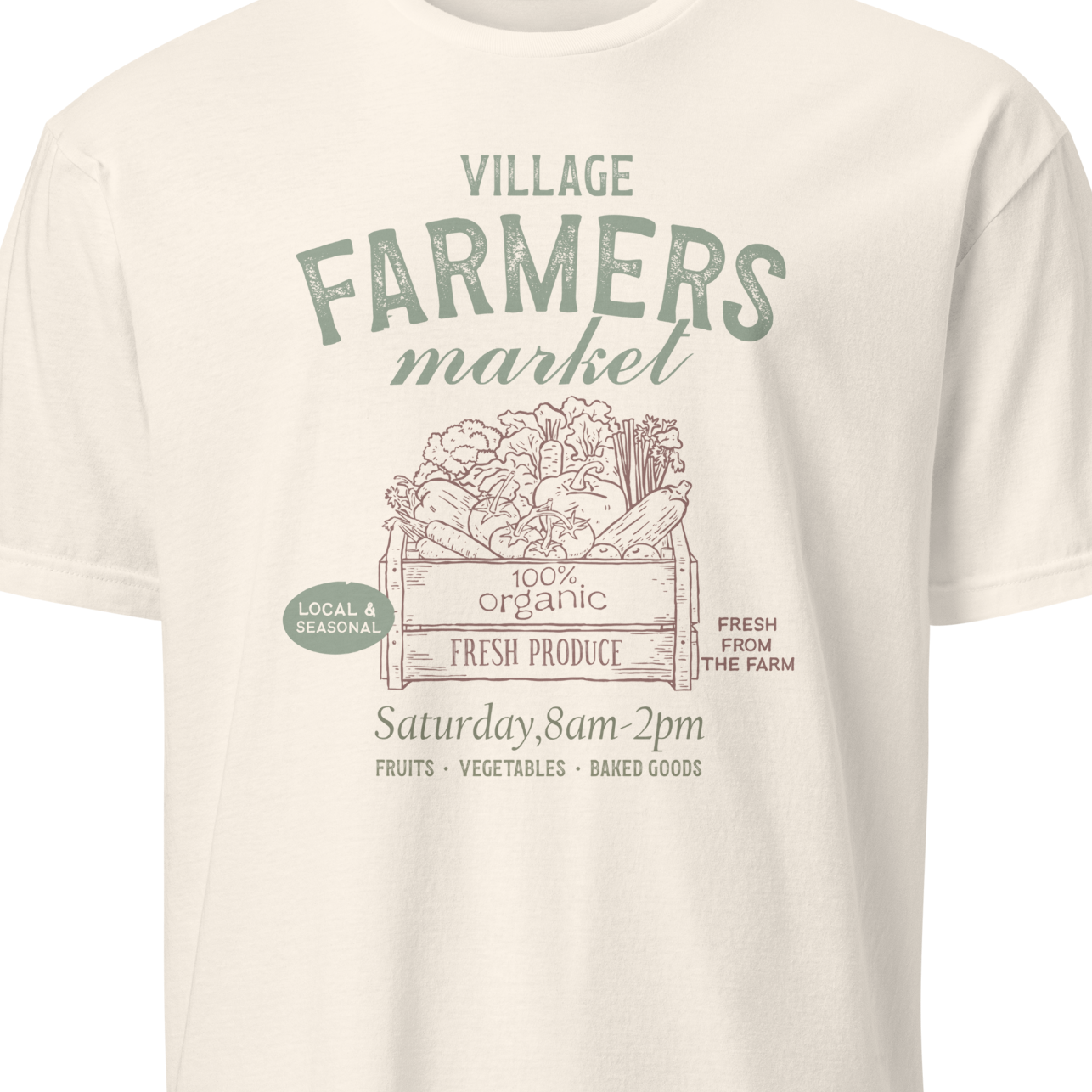 White t-shirt with 'Village Farmers Market' graphic design