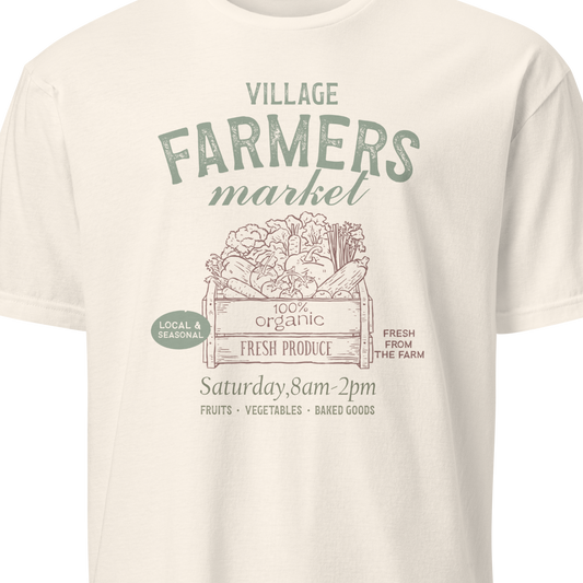 White t-shirt with 'Village Farmers Market' graphic design