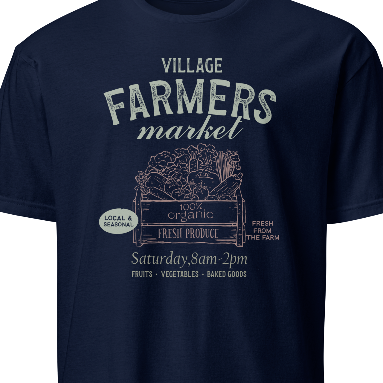 Navy blue t-shirt with 'Village Farmers Market' graphic design 