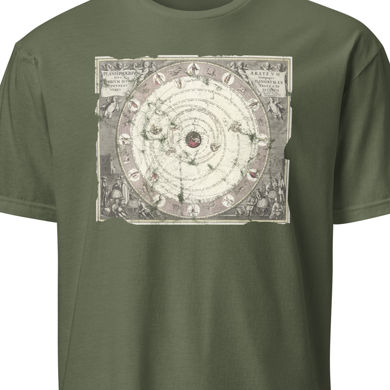 Green t-shirt with a circular graphic design 