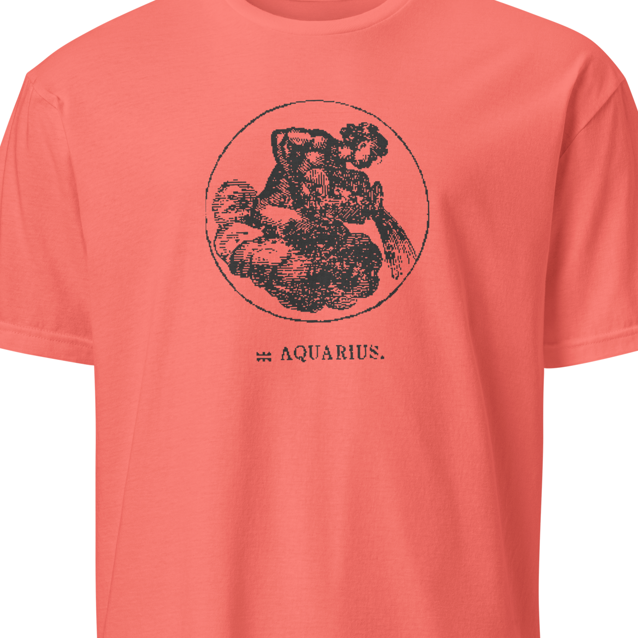 Coral t-shirt with black graphic and 'Aquarius' text 
