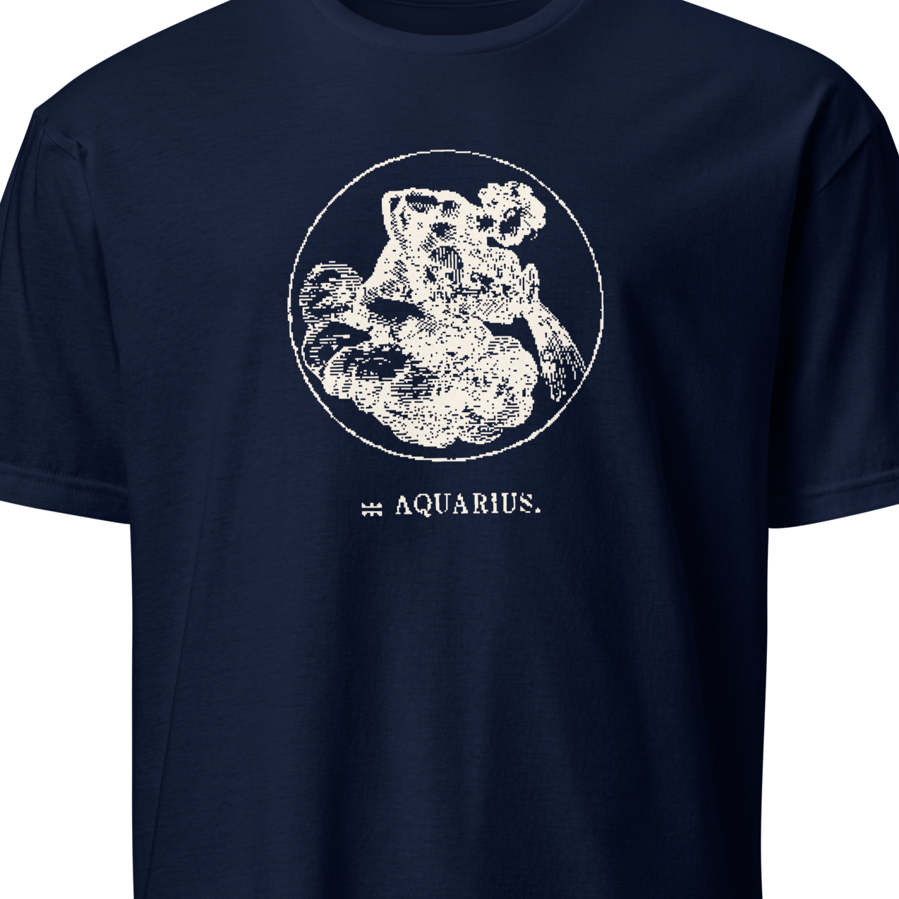 Navy blue t-shirt with white graphic and text 