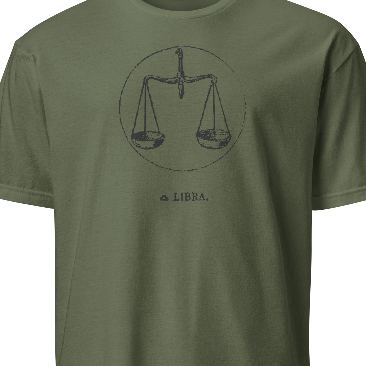 Green t-shirt with a black logo and text 
