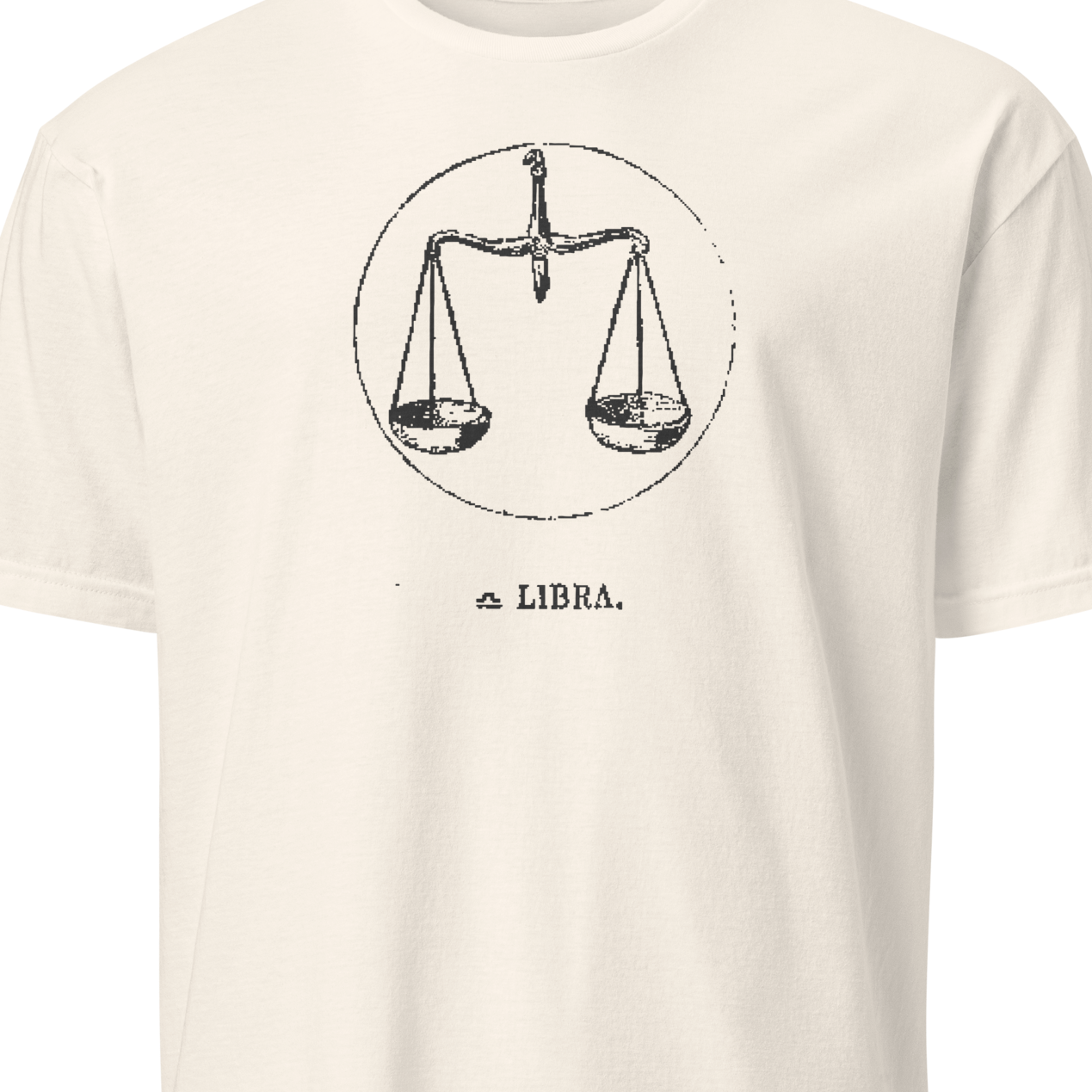 White t-shirt with black text and a picture of scales