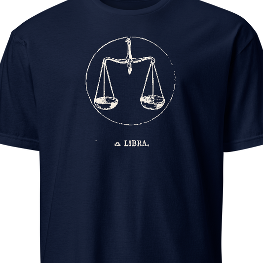 Navy blue t-shirt with Libra zodiac sign design