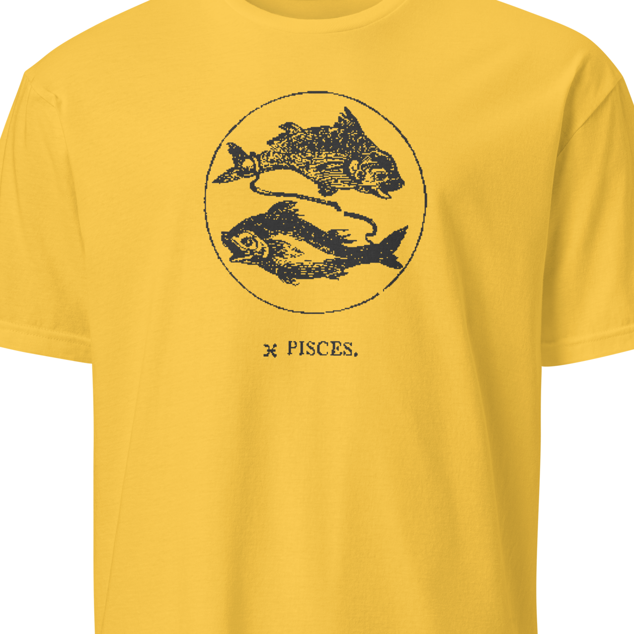 Yellow t-shirt with black Pisces zodiac design 