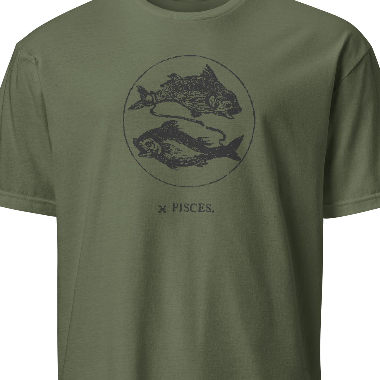 Green t-shirt with a cartoon face and 'pisces' text 