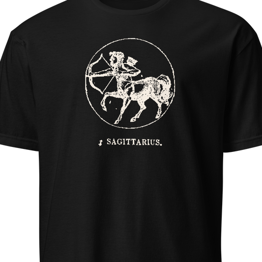 Black t-shirt with white Sagittarius zodiac design 