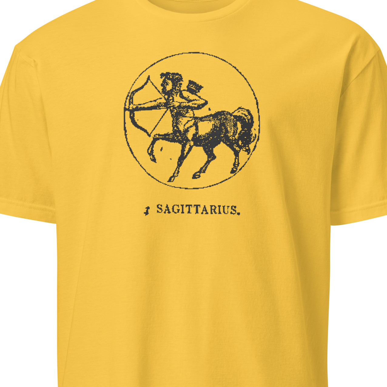 Yellow t-shirt with Sagittarius zodiac sign graphic 