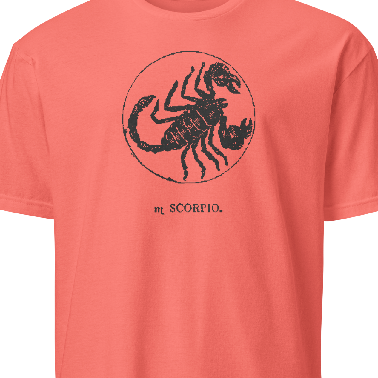Coral t-shirt with black scorpion graphic and 'SCORPIO' text 
