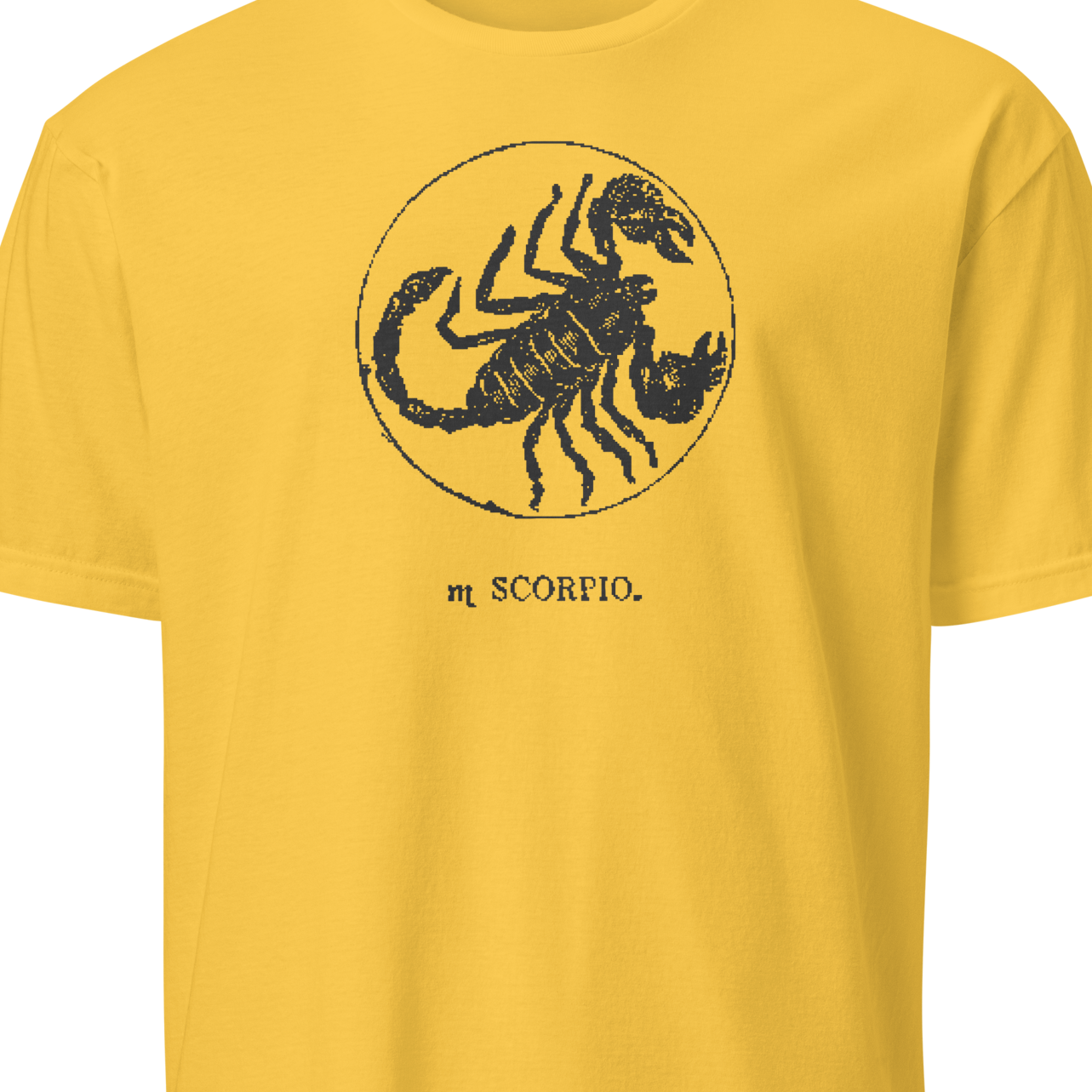 Yellow t-shirt with black scorpion graphic and 'SCORPIO' text 