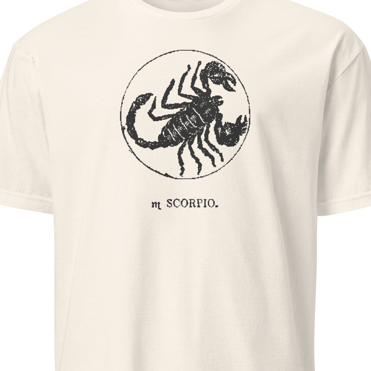 White t-shirt with black scorpion graphic and 'SCORPIO' text 