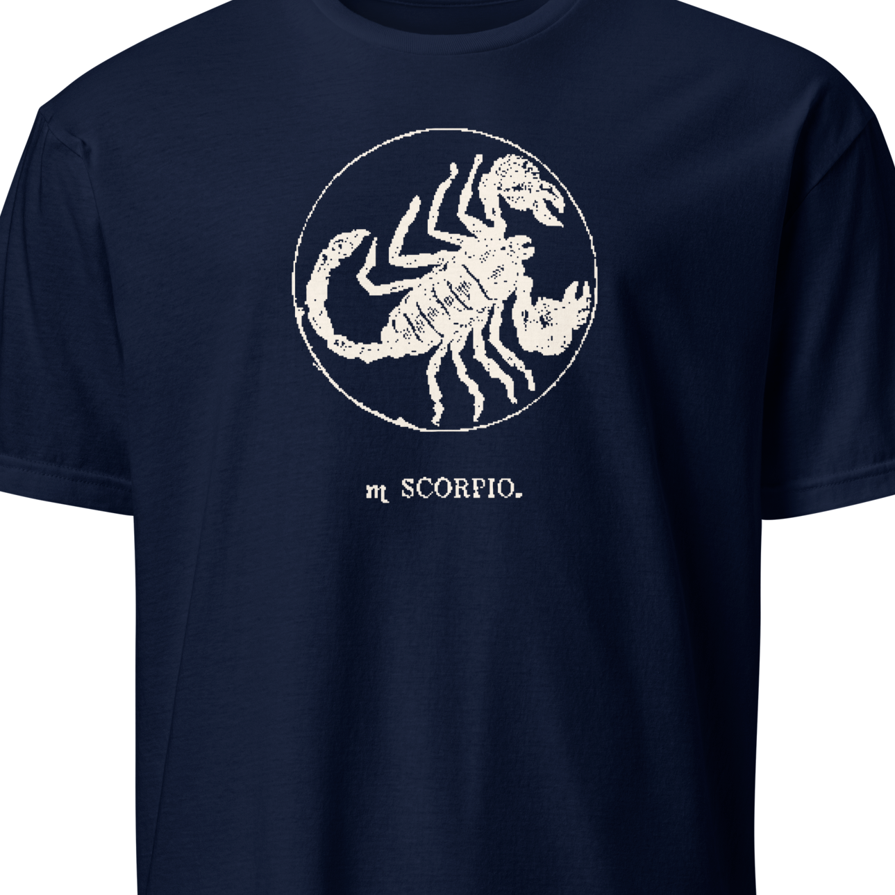 Navy blue t-shirt with white Scorpio zodiac design