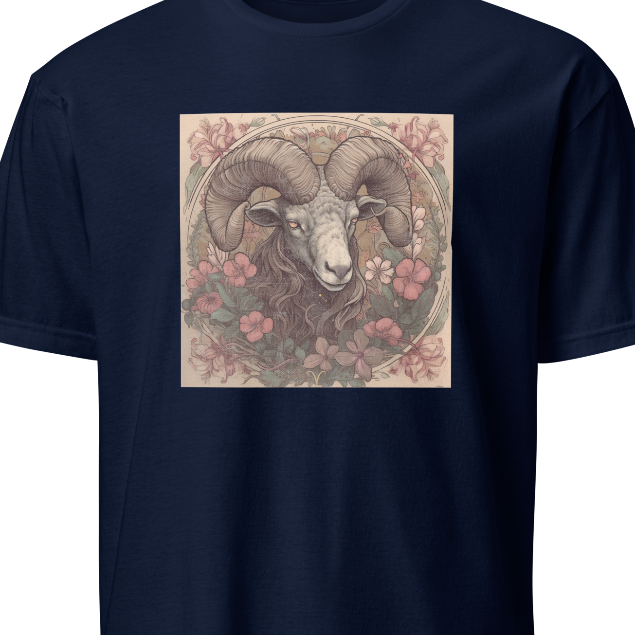 Navy blue t-shirt with a graphic of a ram and flowers on a white background