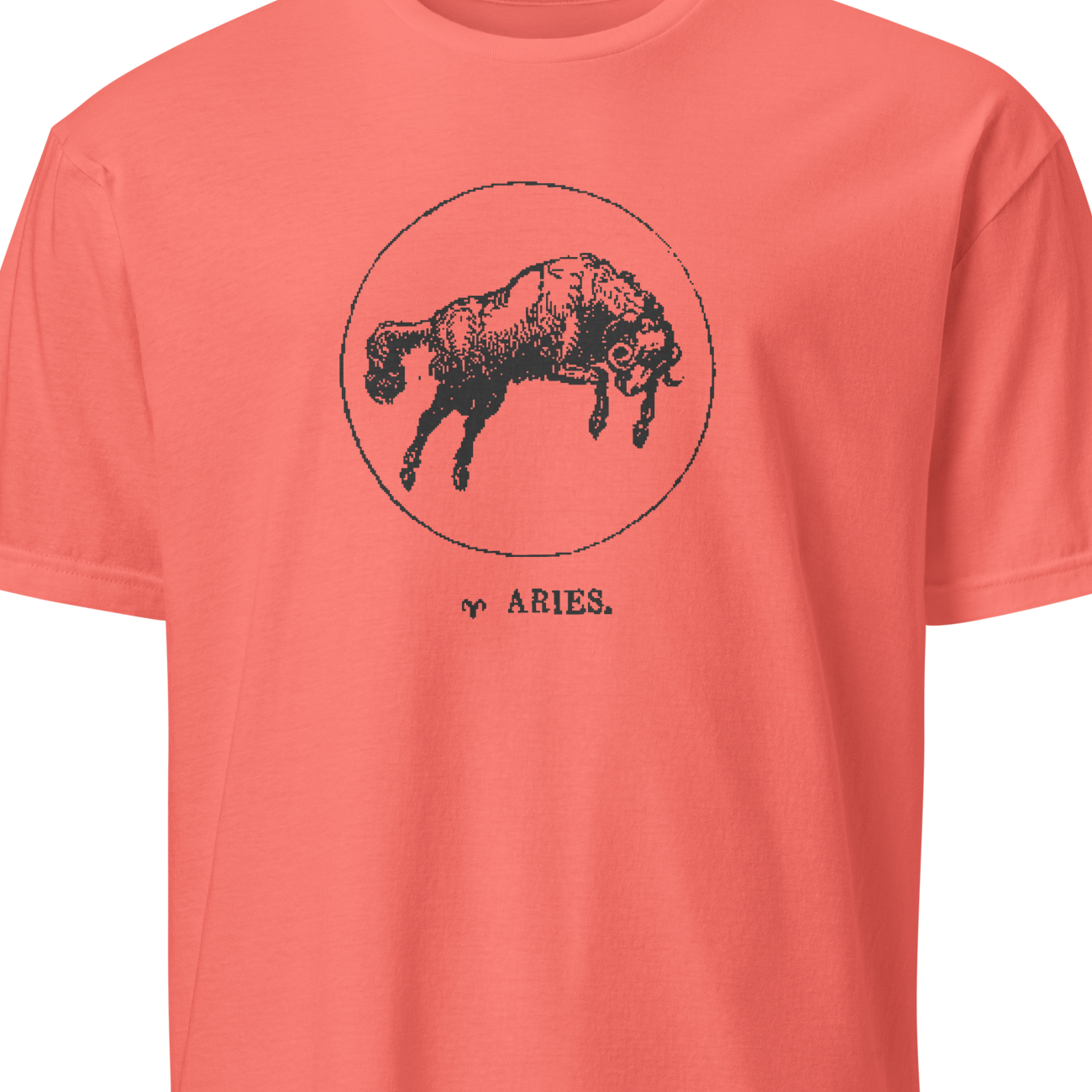 Coral t-shirt with black bull graphic and 'Aries' text on a white background