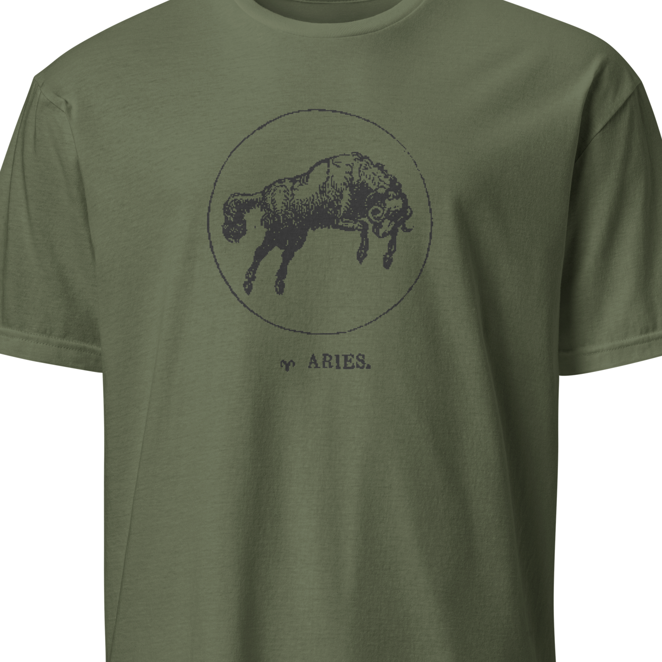 Green t-shirt with a black bull graphic and 'Aries' text on a white background