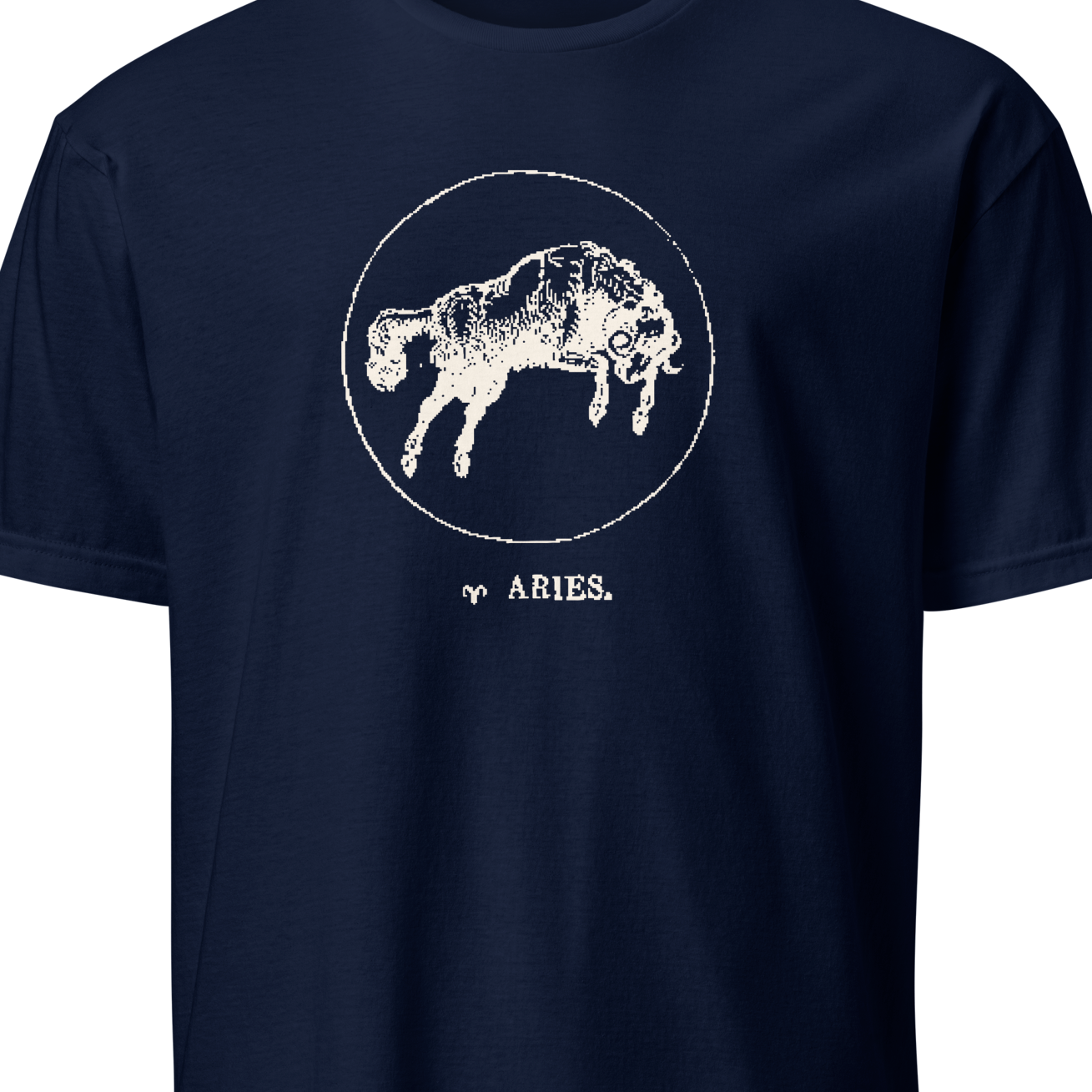 Navy blue t-shirt with white Aries zodiac symbol design on a white background
