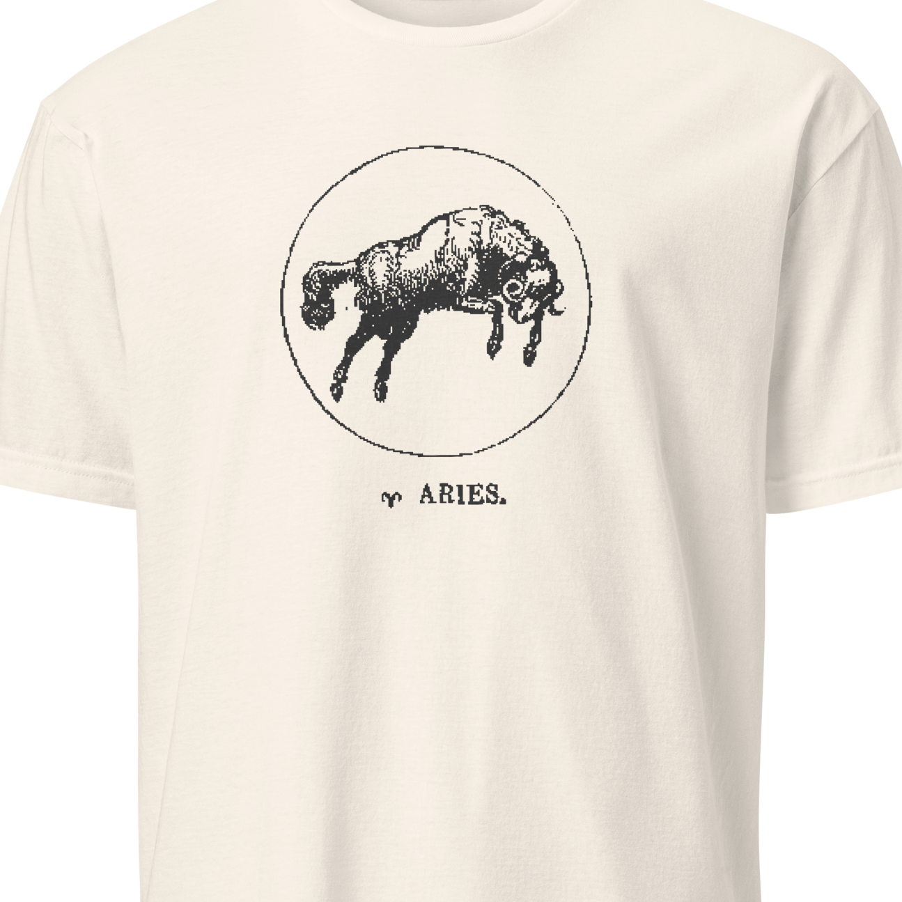 White t-shirt with a graphic of a ram and 'Aries' text on a white background