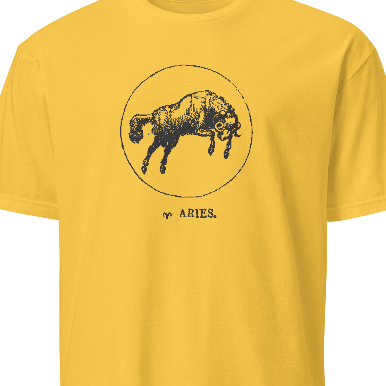 Yellow t-shirt with black bull graphic and 'ARIES' text on a white background