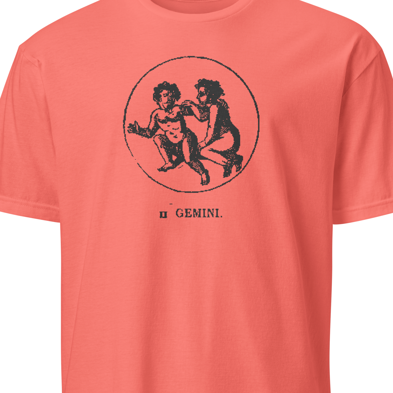 Coral t-shirt with Gemini zodiac design on a white background