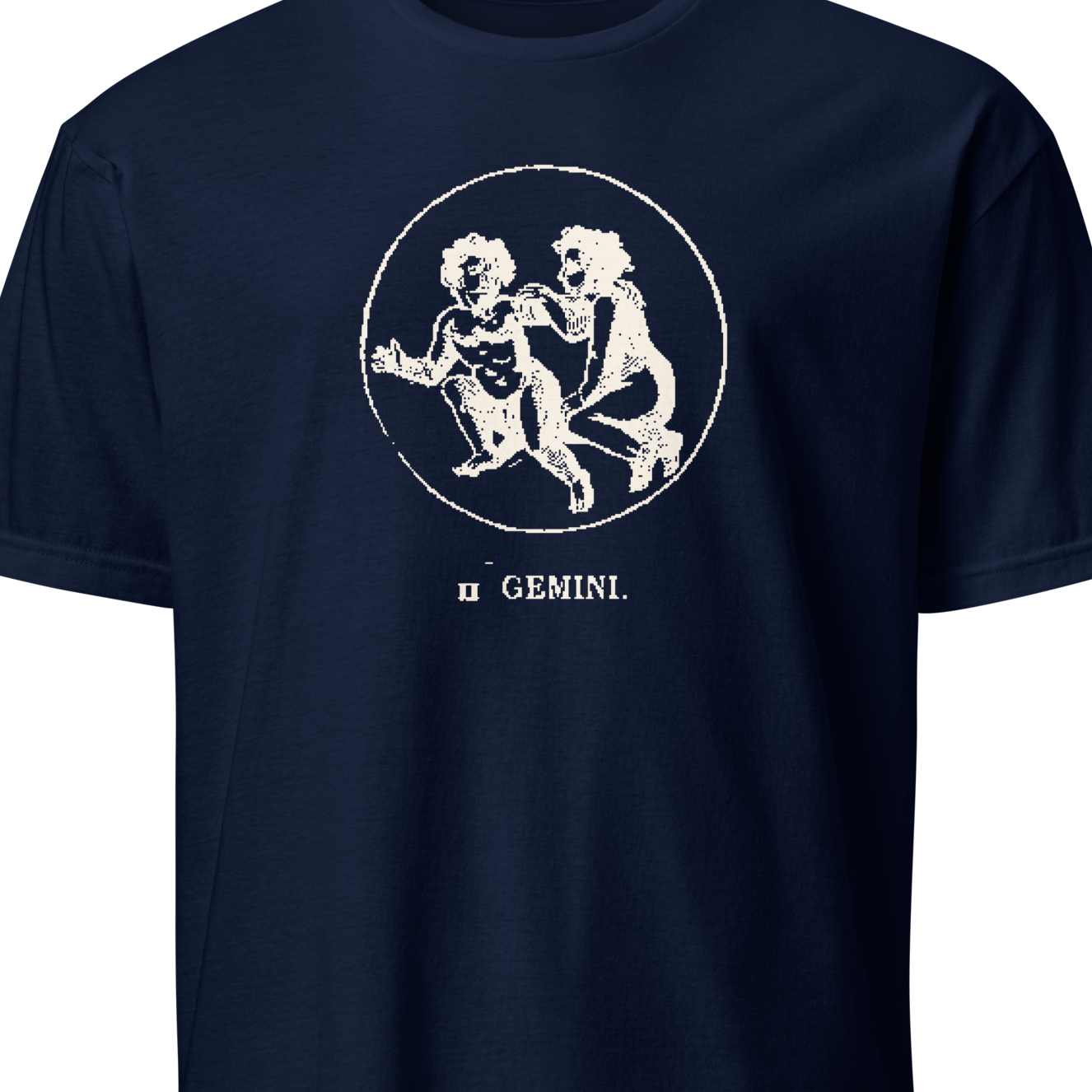 Navy blue t-shirt with white Gemini zodiac design on a white background