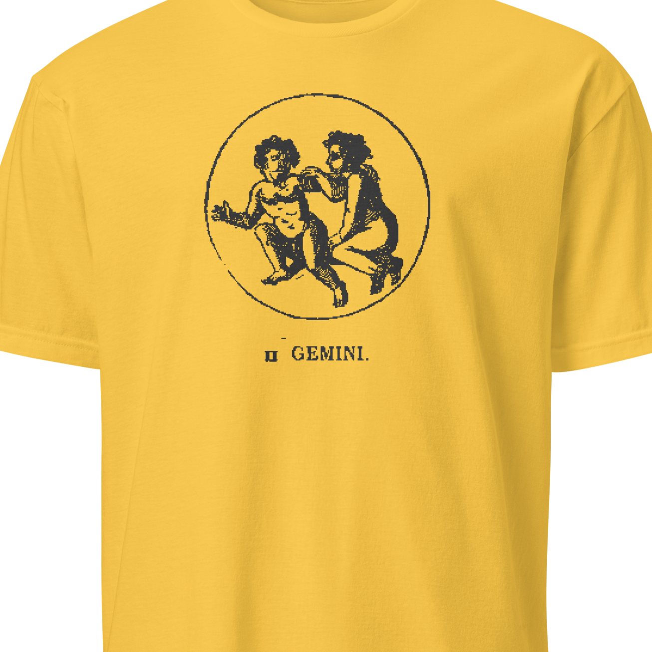 Yellow t-shirt with black Gemini zodiac design on a white background