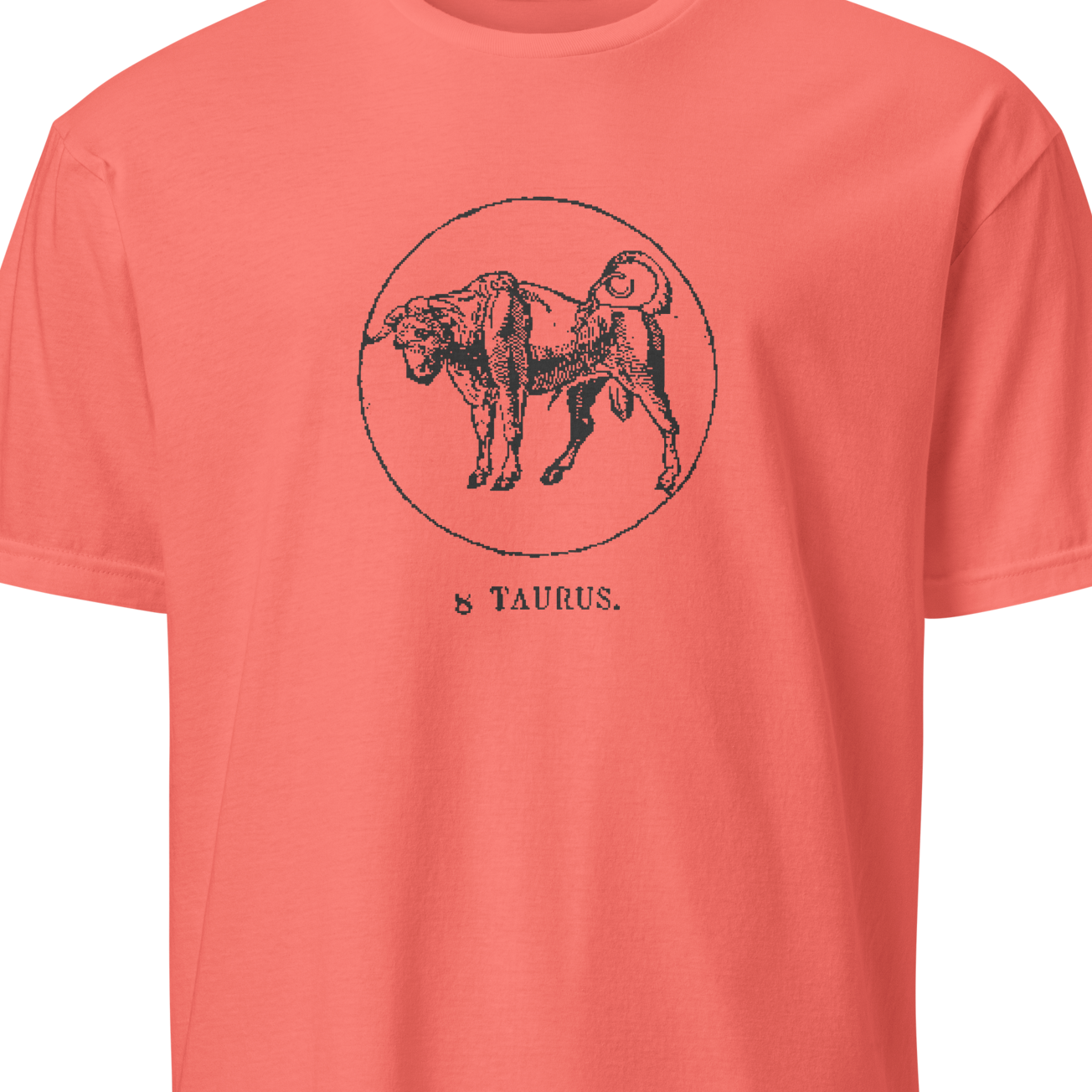 Coral t-shirt with Taurus zodiac sign graphic on a white background