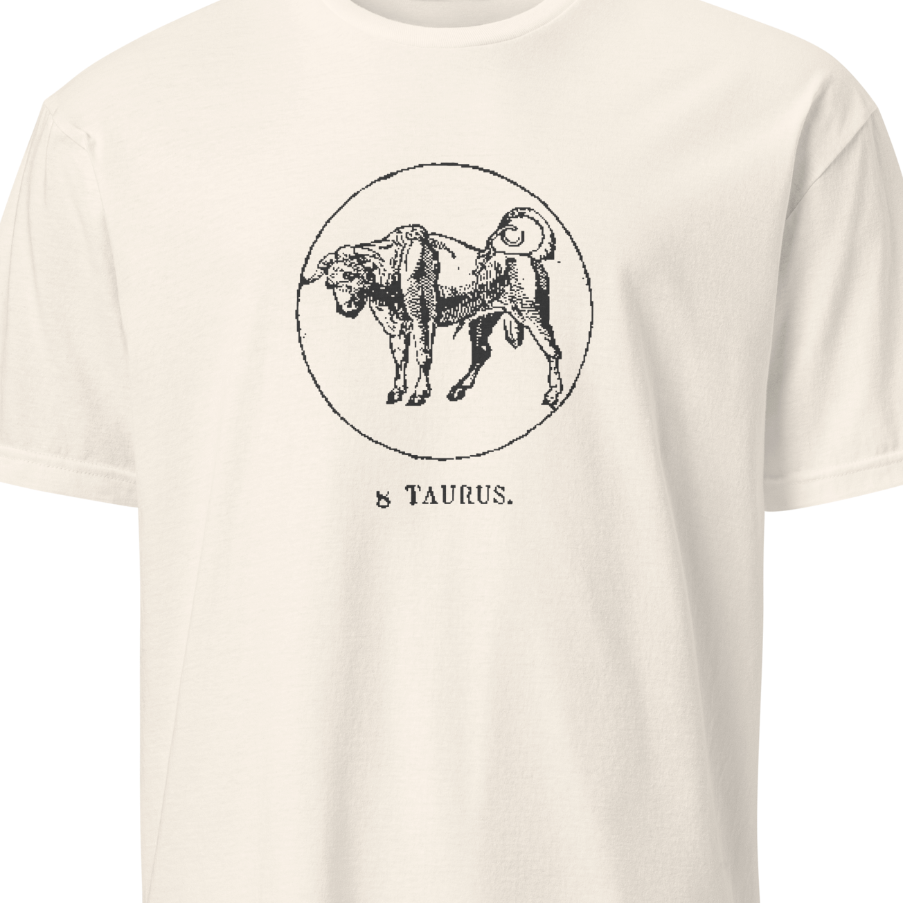 White t-shirt with a black bull graphic and 'Taurus' text on a white background