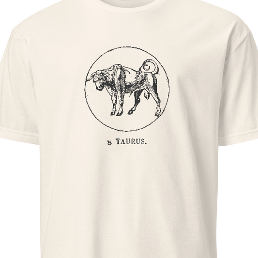 White t-shirt with a black bull graphic and 'Taurus' text on a white background