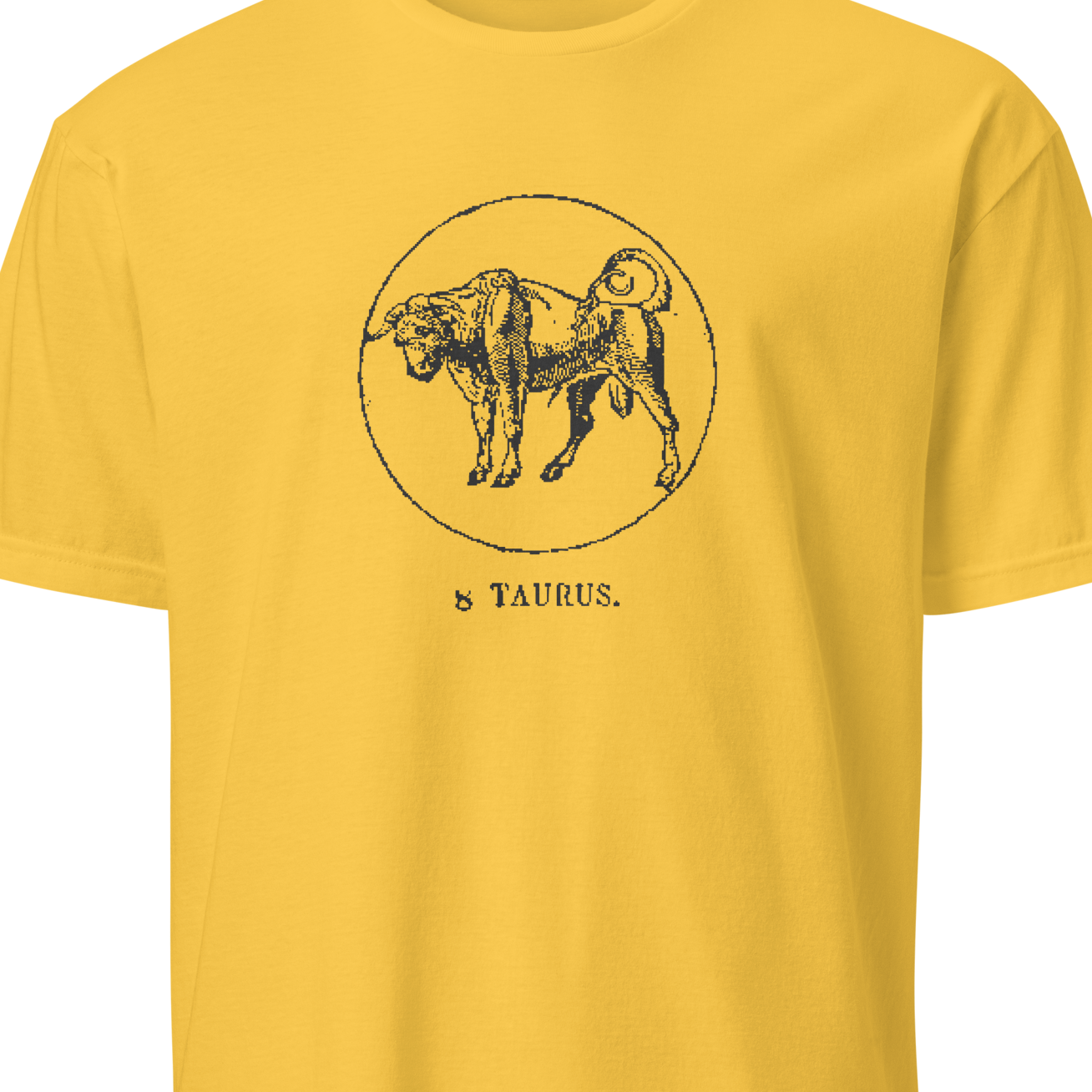 Yellow t-shirt with Taurus zodiac sign graphic on a white background