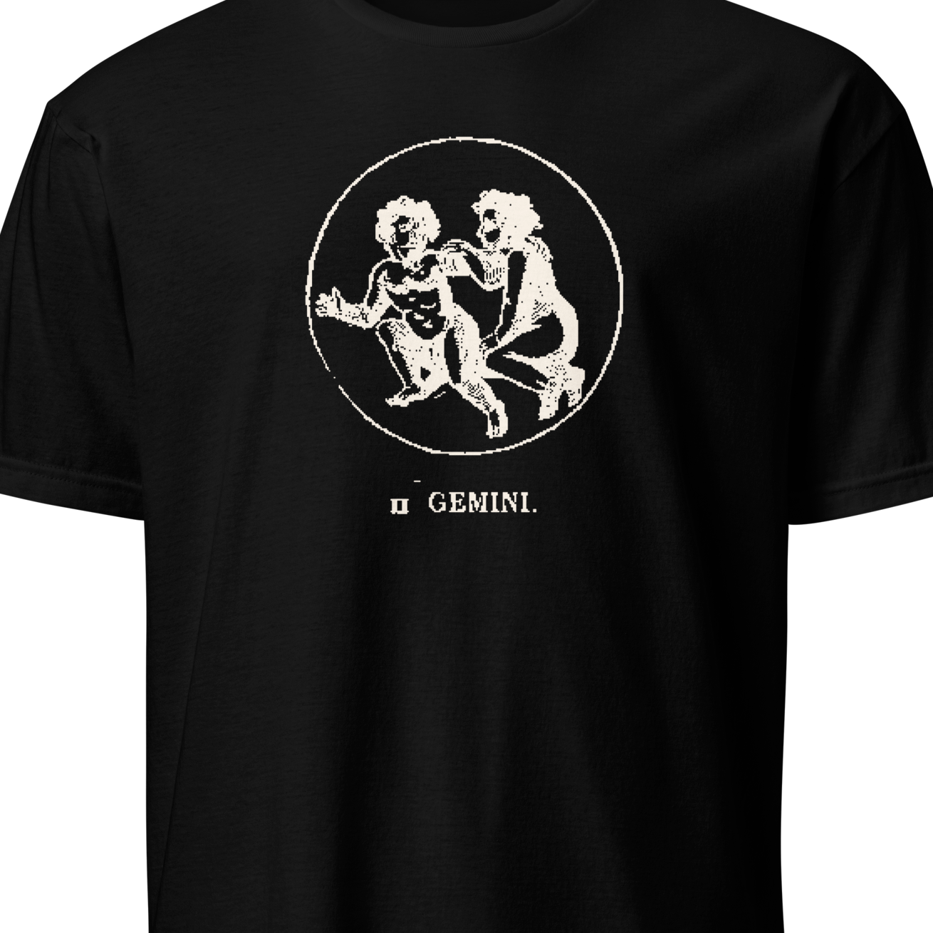 Black t-shirt with Gemini zodiac design on a white background