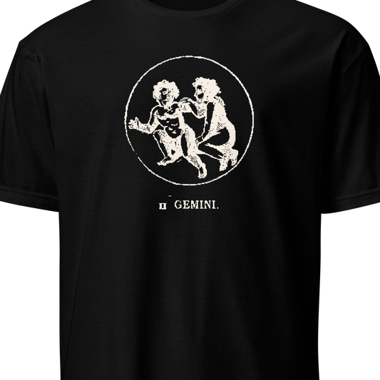 Black t-shirt with Gemini zodiac design on a white background