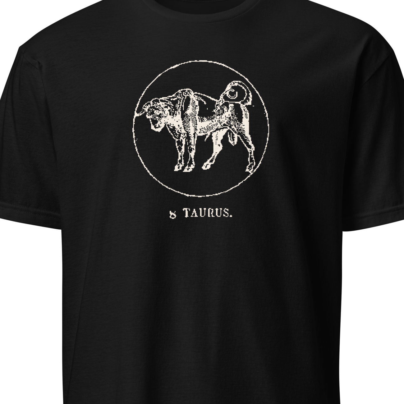 Black t-shirt with white Taurus zodiac design on a plain background