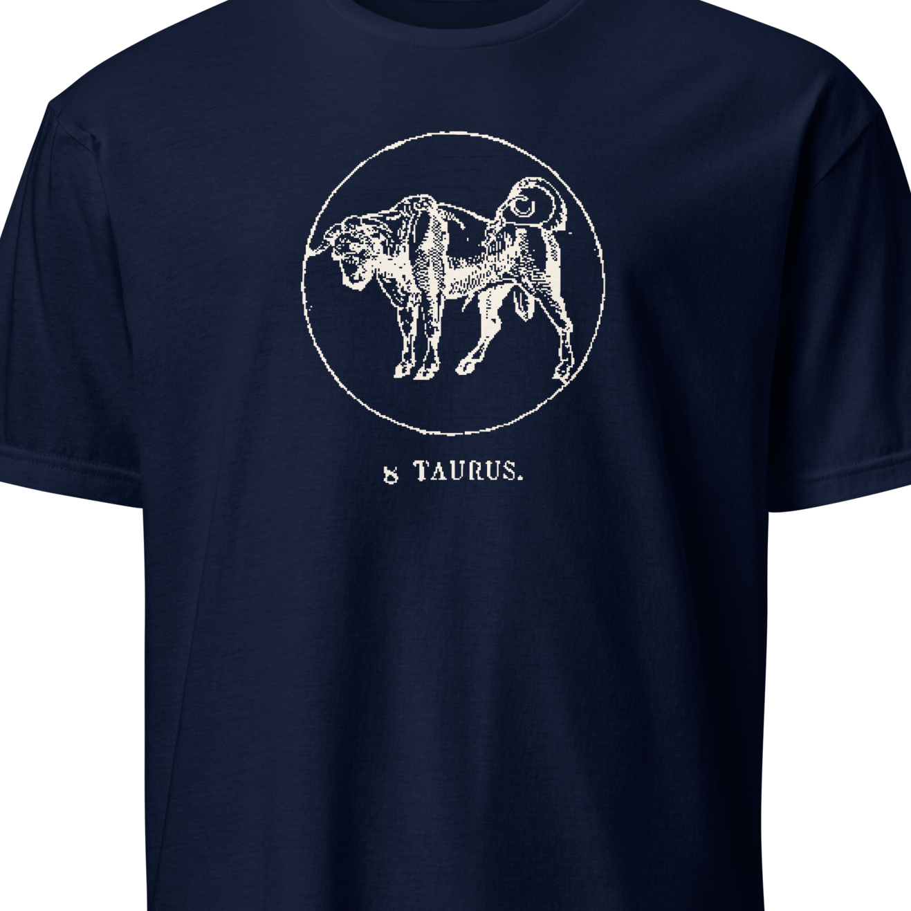 Navy blue t-shirt with white Taurus zodiac design on a white background