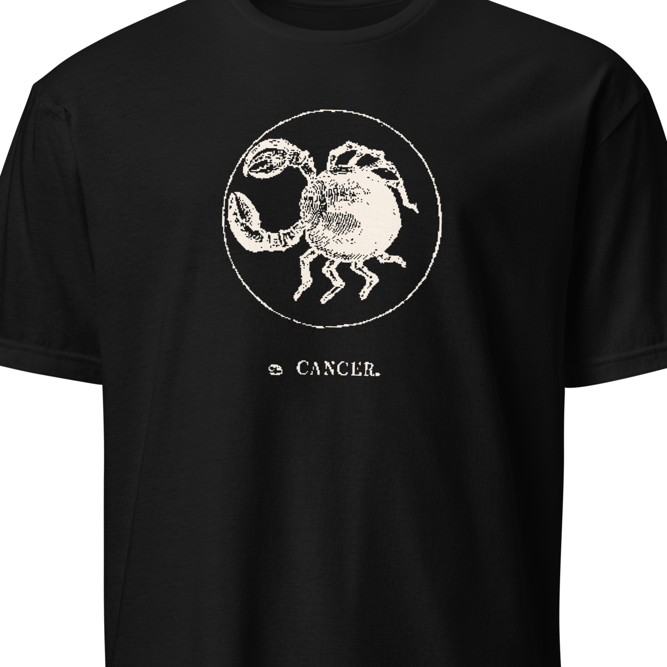 Black t-shirt with a white Cancer zodiac symbol design on a plain background