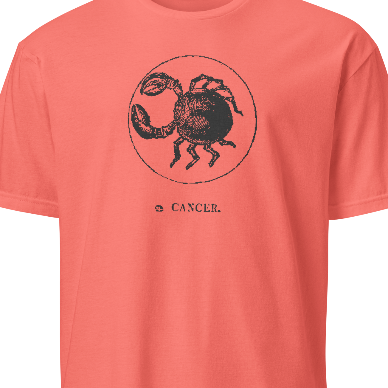 Coral t-shirt with black Scorpio zodiac symbol and 'Cancer' text on a white background