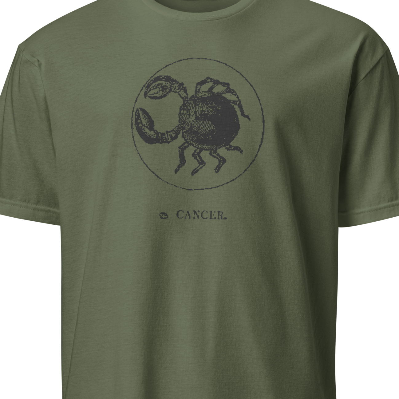 Green t-shirt with Cancer zodiac symbol on a white background