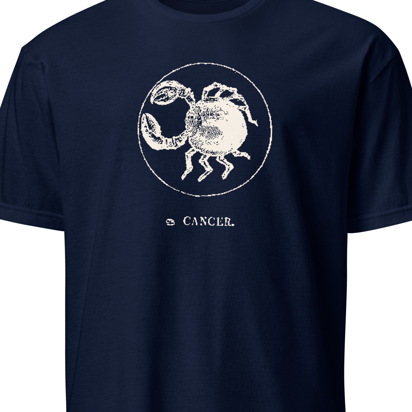 Navy blue t-shirt with white Cancer zodiac symbol design on a plain background