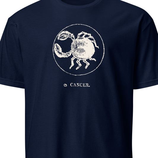Navy blue t-shirt with white Cancer zodiac symbol design on a plain background