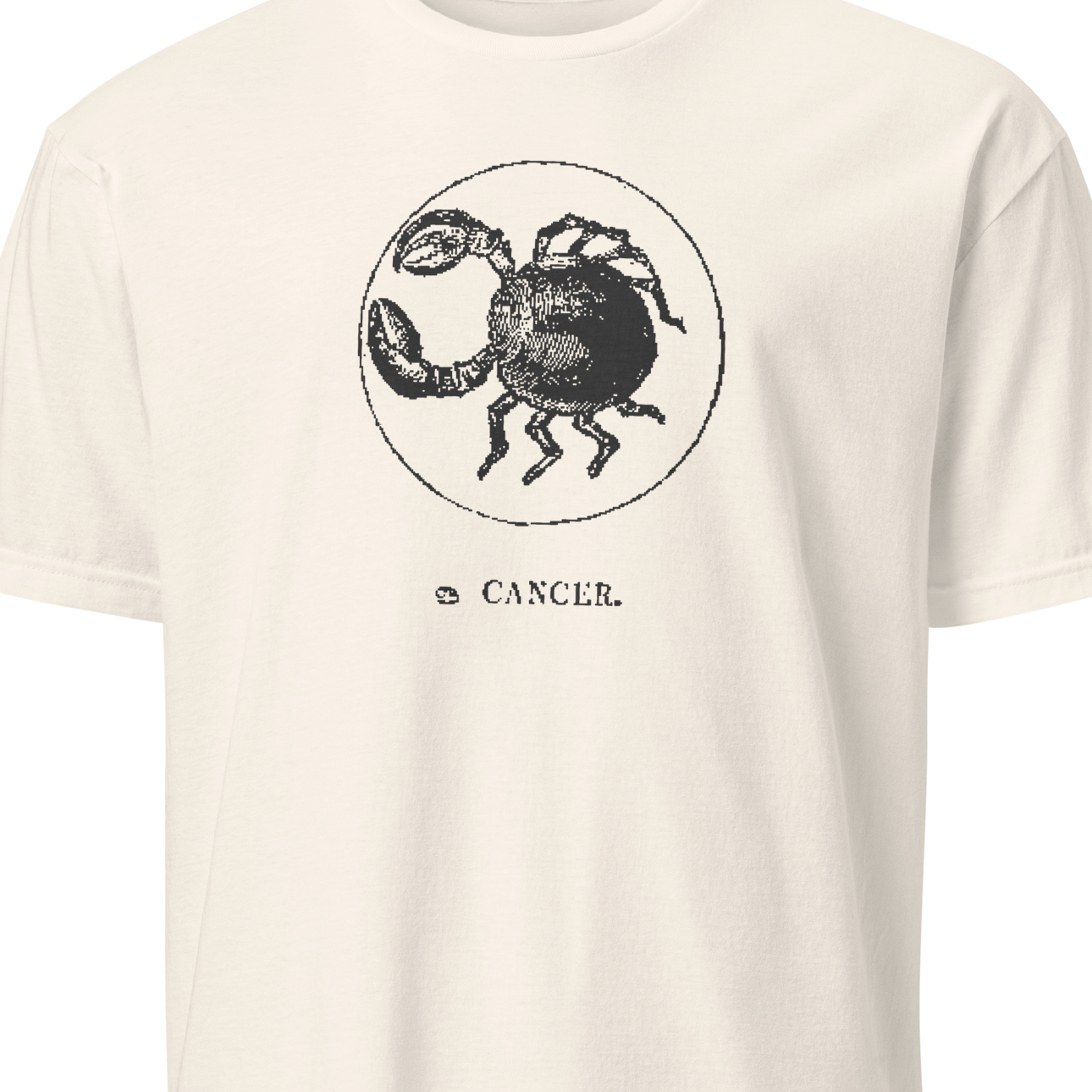 White t-shirt with Cancer zodiac sign graphic on a white background