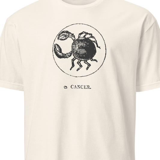 White t-shirt with Cancer zodiac sign graphic on a white background