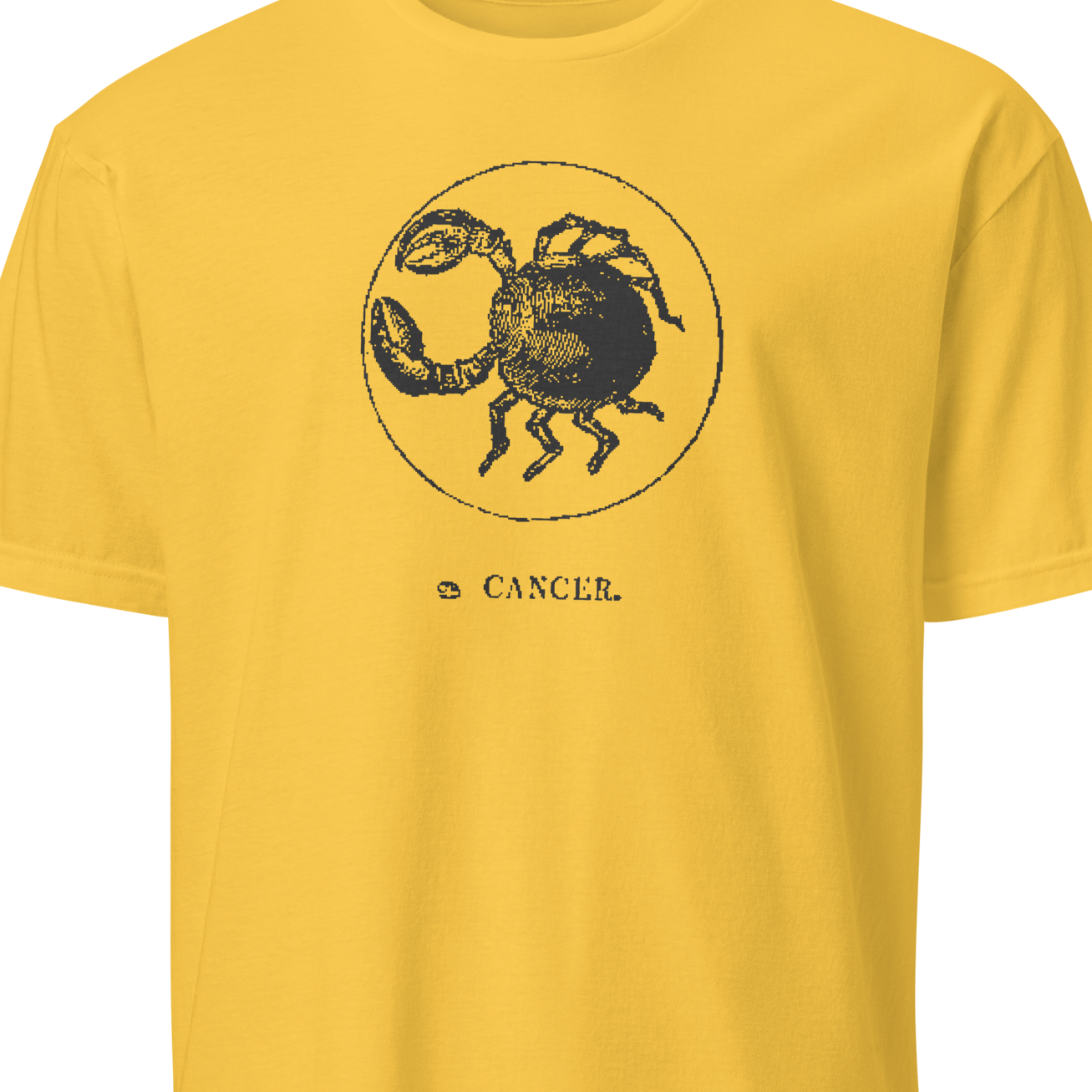 Yellow t-shirt with black Scorpio zodiac symbol and 'Cancer' text on a white background