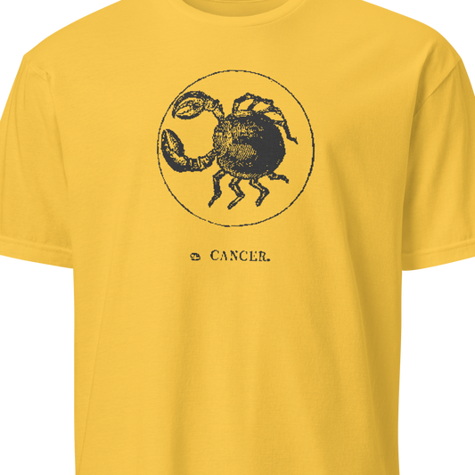 Yellow t-shirt with black Scorpio zodiac symbol and 'Cancer' text on a white background