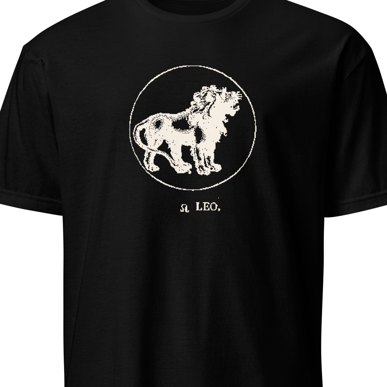 Black t-shirt with a white lion graphic and 'L. E. O.' text on a white background