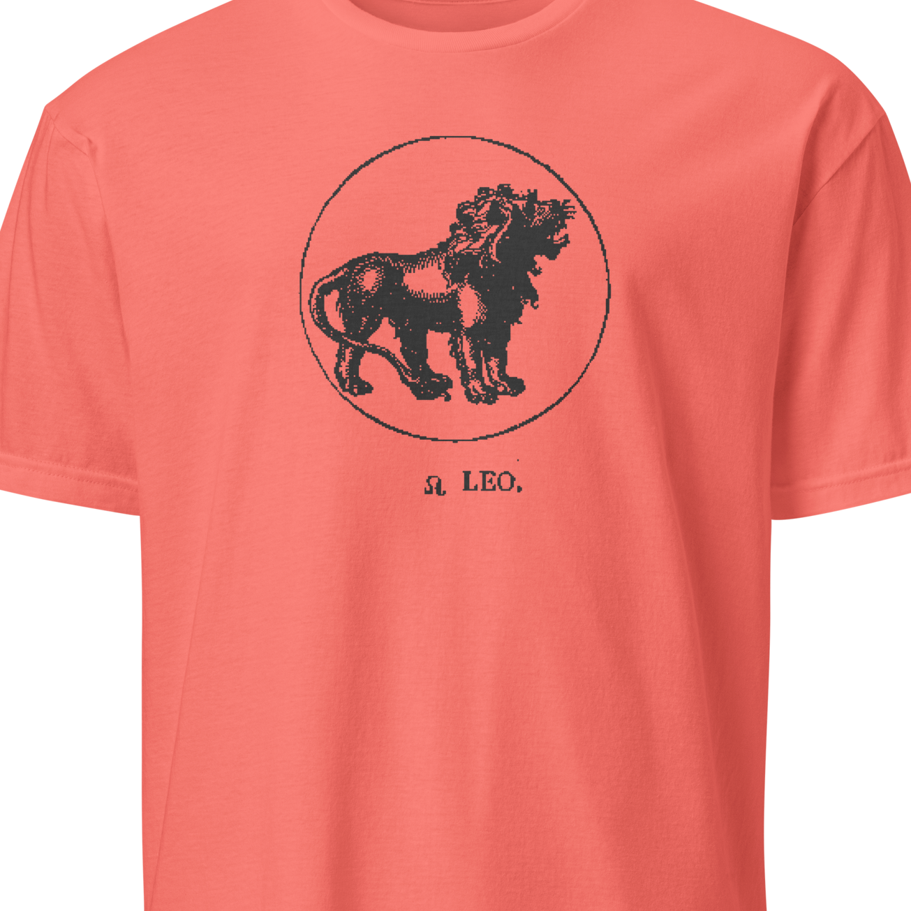 Coral t-shirt with black lion graphic and 'St. Leo' text on a white background