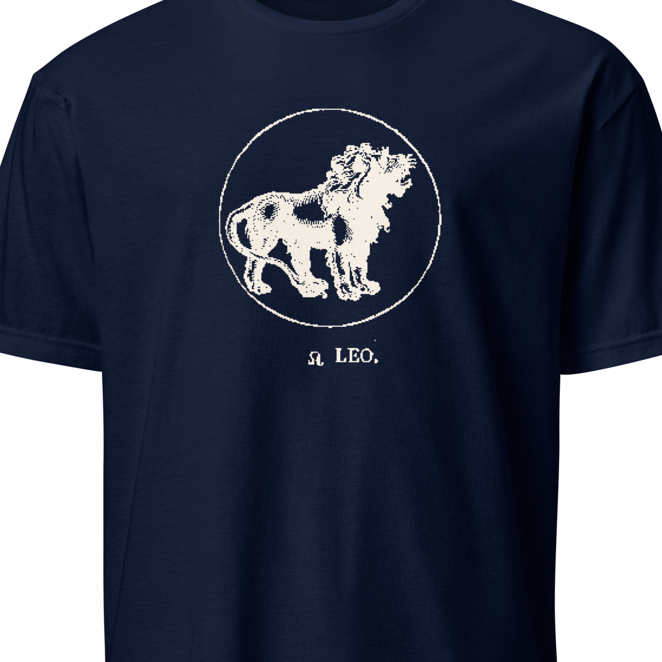Navy blue t-shirt with white lion graphic and 'Leo' text on a white background
