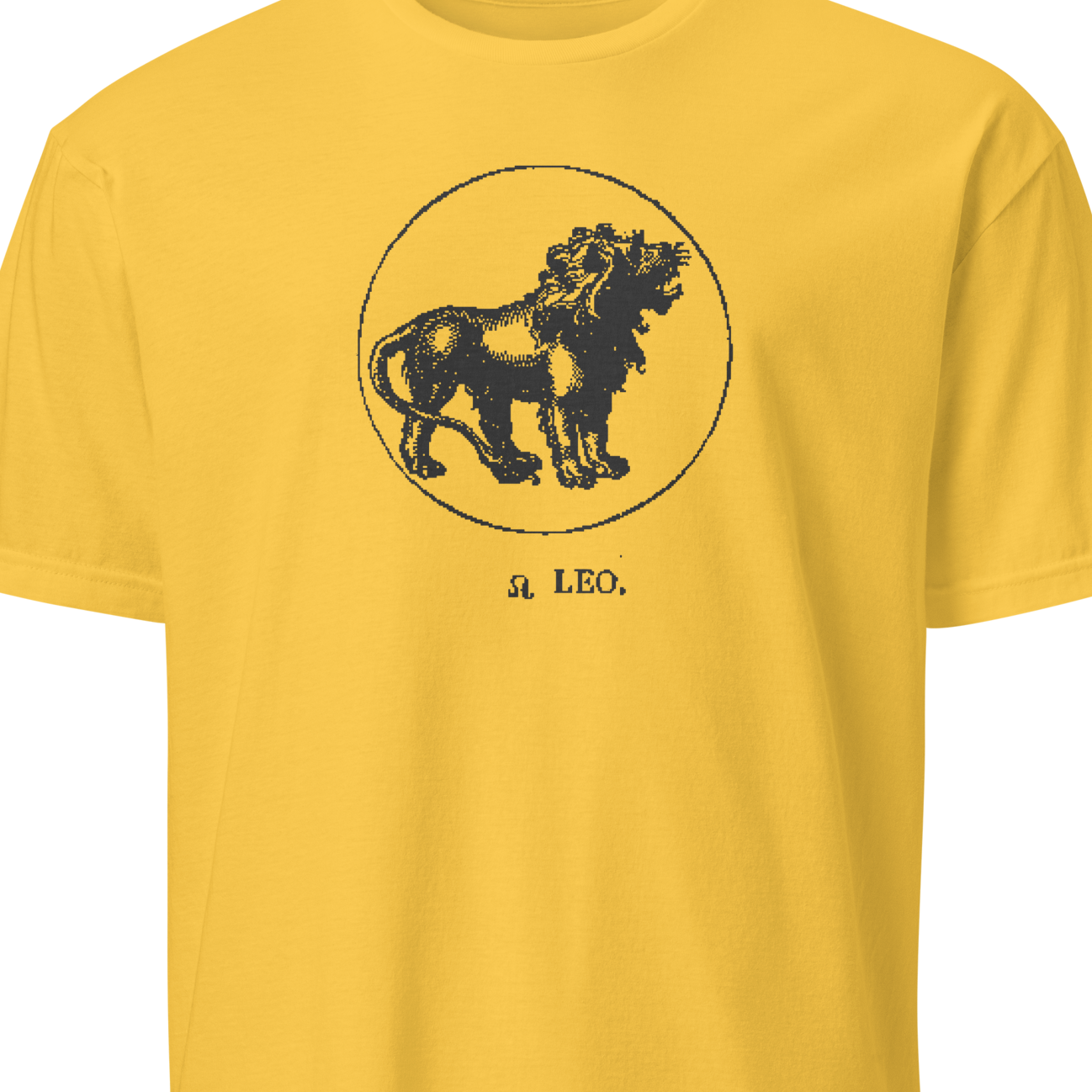Yellow t-shirt with black lion graphic and 'Leo' text on a white background