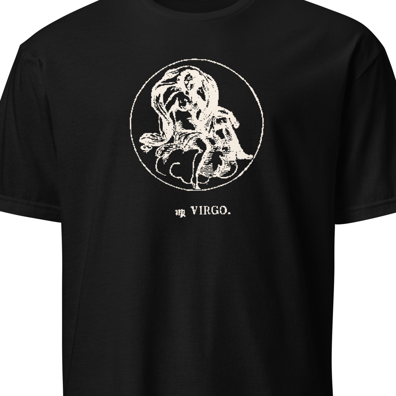 Black t-shirt with white Virgo zodiac design on a white background